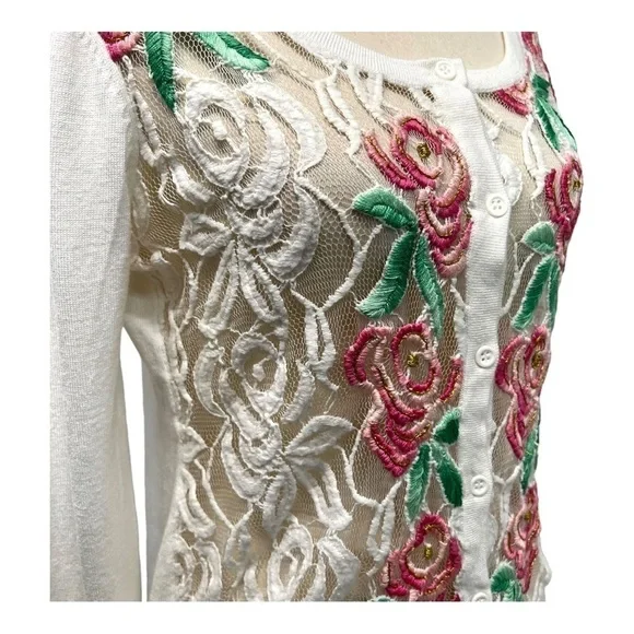 Agua Bendita White Embroidered Floral Lace Button Front Cardigan Sweater Large - Picture 9 of 14